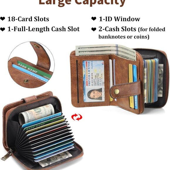 Women's Small Leather RFID Wallet Bifold Zipper Card Case with ID Window - Picture 7 of 11